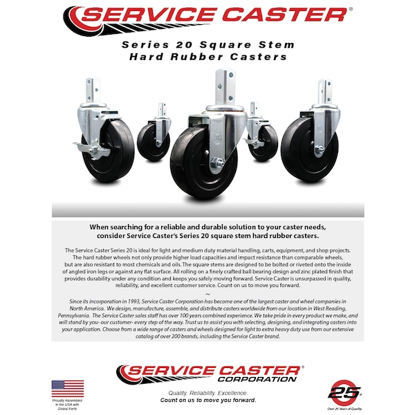 3 Inch Hard Rubber Wheel Swivel 3/4 Inch Square Stem Caster Set Total Lock Brake